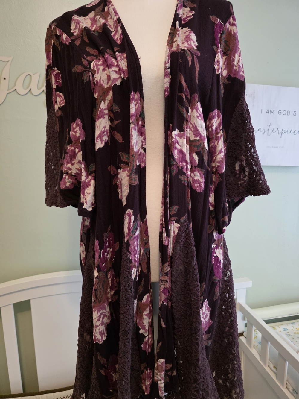 Dark Floral Crochet Trim Kimono